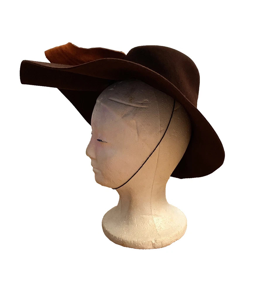 Vintage 1940s Hat Womens XS Brown Wide Brim Halo Felted Wool Art Deco Film Noir - Image 3 of 4