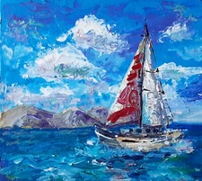 Original Seascape painting Sailboat Wall Art modern Caribbean Artwork Impasto
