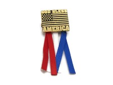 God Bless America Pin Etched Flag & Ribbons Gold Tone
