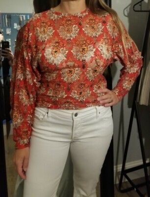 Zara Orange Sheer Floral Blouse size 
