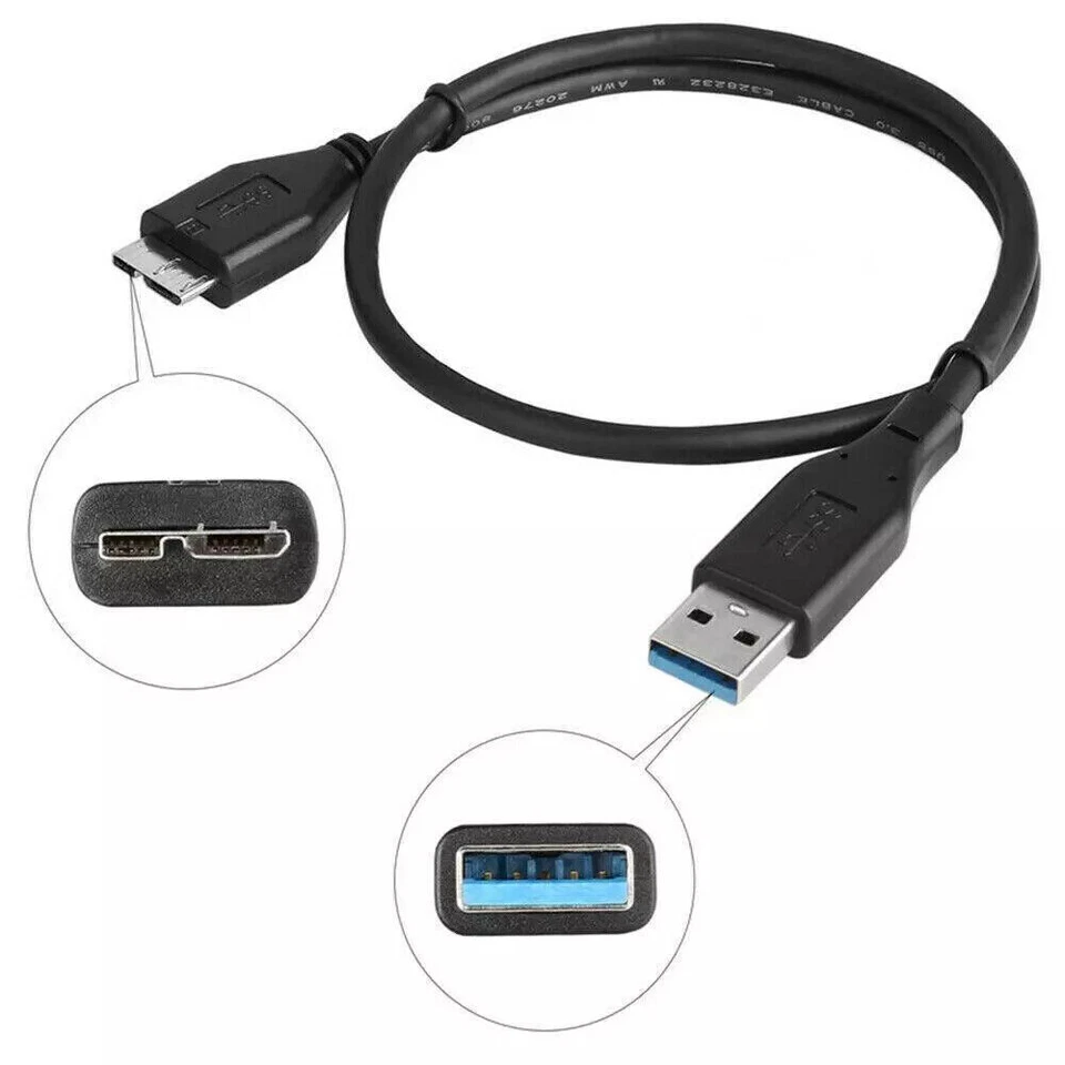 USB 3.0 Male A to Micro B Hard Drive Flexible Cable For Seagate WD PC 1-3M Black - Image 2 of 4