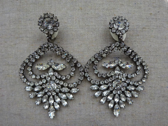 HUGE Vintage KENNETH LANE Clear Rhinestone Chandelier Clip On Earrings - Signed 