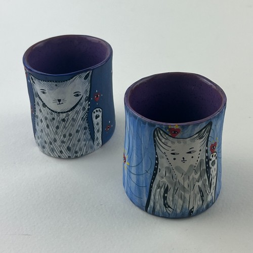 Jenny Mendes Studio Pottery Cat Cups Artisan Kitty Sippers Pair Handmade Art Set - Picture 10 of 13