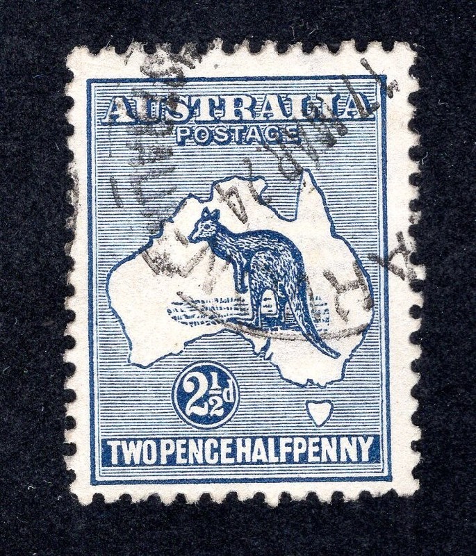 Australia 1915 2 1/2p dark blue Kangaroo, Scott 46 used, value = $10.00