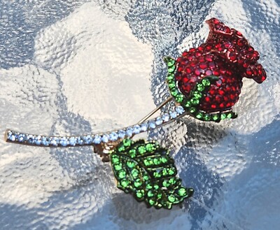 Austrian Crystal and Enamel Rose Bud Brooch