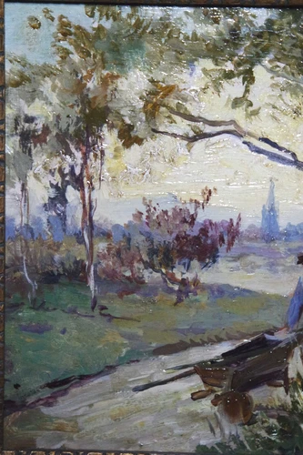 Belgischer Maler um 1930 unleserlich signiert Mann mit Schubkarre an einem Fluss - Bild 7 von 9