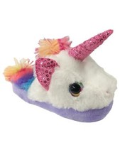Girls Plush White Rainbow Unicorn Slippers Open Back Scuffs House Shoes