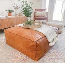 Leather Boho Pouffe Moroccan Genuine Footstool Ottoman Pouf Handmade Unstuffed