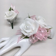 Double White Rose on Pink Wrist Corsage  Boutonniere Combo