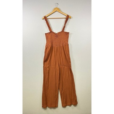 Roxy Jumpsuit Women XL Terracotta Orange Smocked Wide Leg Ruffle Strap Boho