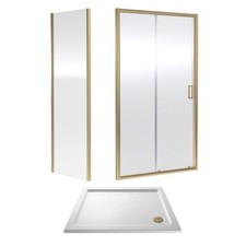 Nuie Rene Brushed Brass Sliding Door Shower Enclosure 6mm Glass with Tray Waste