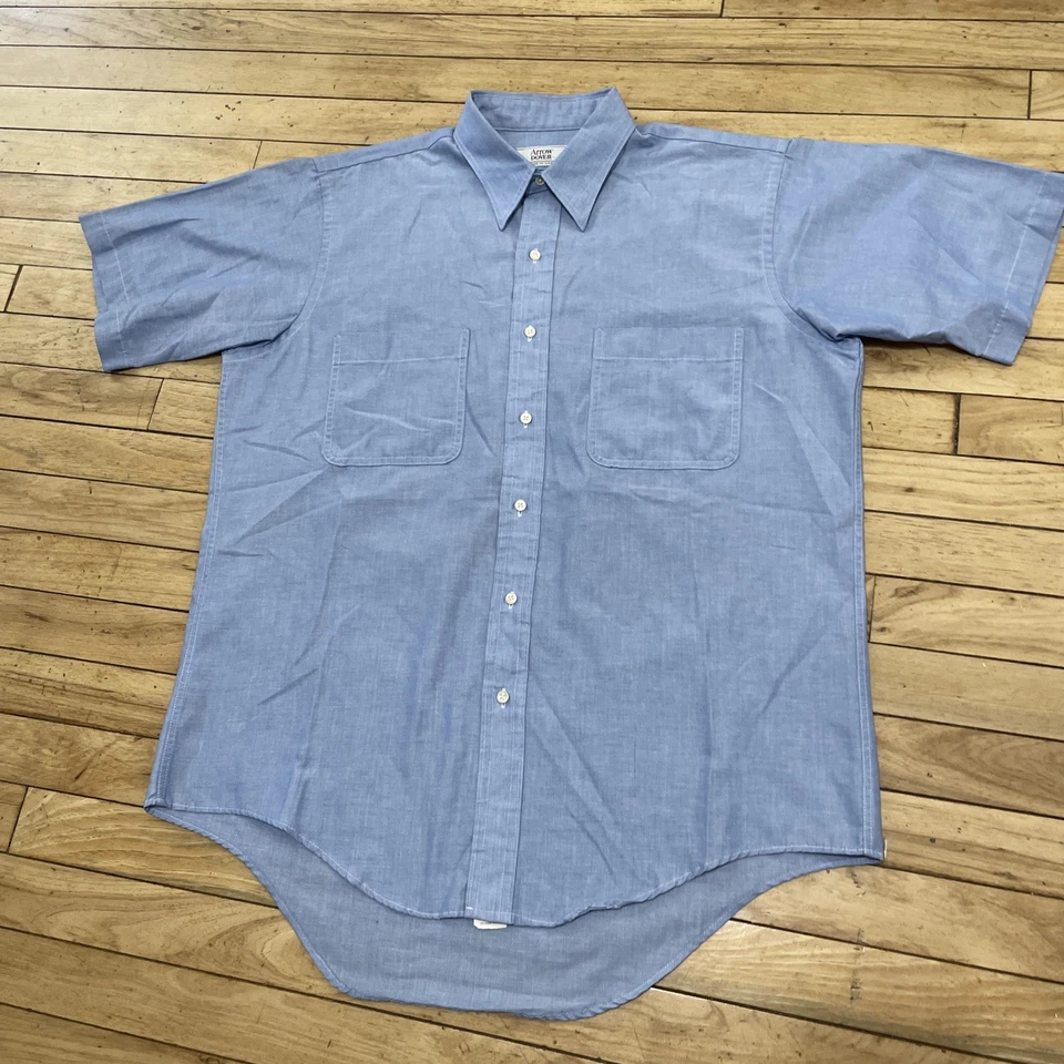 Camisa De Colección Años 90 Arrow Dover Hombres 16.5 Hecha en EE. UU. Azul Punto Botón Manga Corta Foto 3 de 4