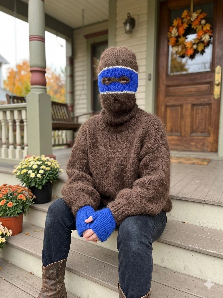 Balaclava Ski Mask 3 Hole Brown Blue White Fuzzy Winter Hat Mohair/Alpaca Blend