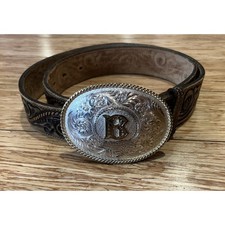 Montana Silversmiths Silver Plated Belt Buckle B Initial Leather 36 Belt Tooled