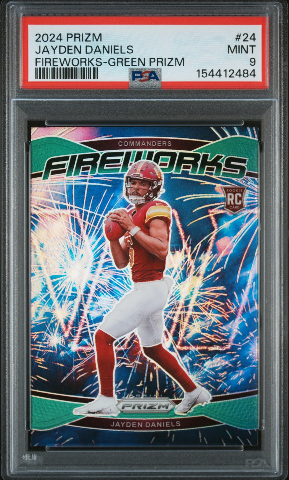 2024 PANINI PRIZM FIREWORKS GREEN PRIZM #24 JAYDEN DANIELS PSA 9