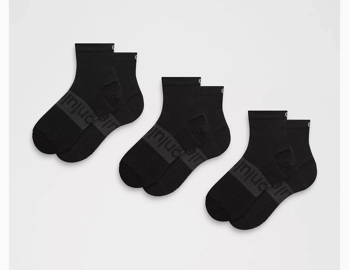 Unisex Lululemon Power Stride Ankle Length Socks 3 Pairs Black Size Large