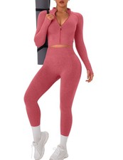 Womens Workout Sets 2 Piece - Seamless Yoga Outfits Long Sleeve Zipper Jacket...
