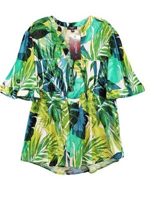 Cocomo Woman Green Tropical Leaf Print Button Front Blouse Top 1X NWT 