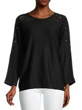Calvin Klein Women's Pearl Embellished Black Sweater Large Dolman Sleeve EUC