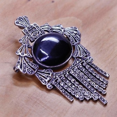 VTG Sterling 925 silver handmade pendant brooch oval obsidian marcasite fringe