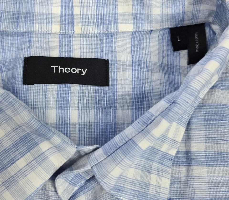 Theory Mens Large L Linen Blend Blue White Gingham Check Button Shirt - Image 4 of 4