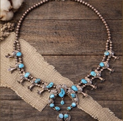 Vintage Sterling Silver Turquoise Squash Blossom Necklace & Earrings Set, Marked