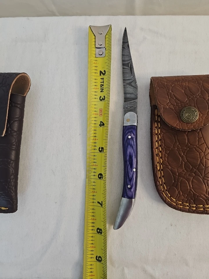 Lote de 3 cuchillos de bolsillo Damasco hechos a mano con fundas de cuero Foto 2 de 4