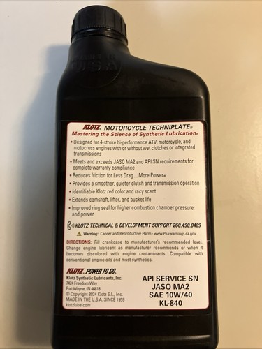 Klotz 10/40 Motorcycle Oil (QT) KL-840 (10) - Picture 2 of 2
