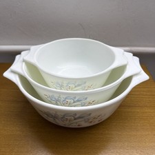 Vintage Set of 3 PYREX Blue Iris Casserole Dishes 6.5, 8, & 9" England No Lids