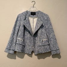 Lafayette 148 Jacket Womens 12 Blue Tweed Fringe Asymmetrical Zip Lined Blazer