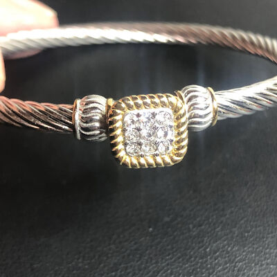 3765 HSN Emma Skye Stainless Steel Bracelet square CZ goldtone hook clasp S/M