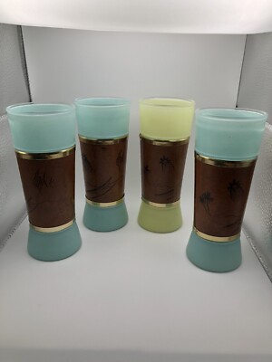 MCM Set of 4 Siesta Ware Tiki Bar Glasses Mahogany Wood Wrap Original Labels
