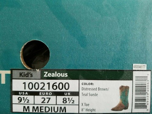 Ariat Kids Zealous Western Boot New Teal Suede/Distressed Brown 9-1/2M Girl Boy - Picture 7 of 7