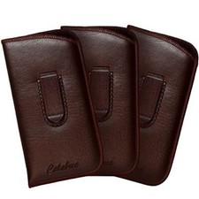 Calabria Unisex Full Slip Soft Eyeglass Case 3 PACK BROWN PU Leather Felt Lined