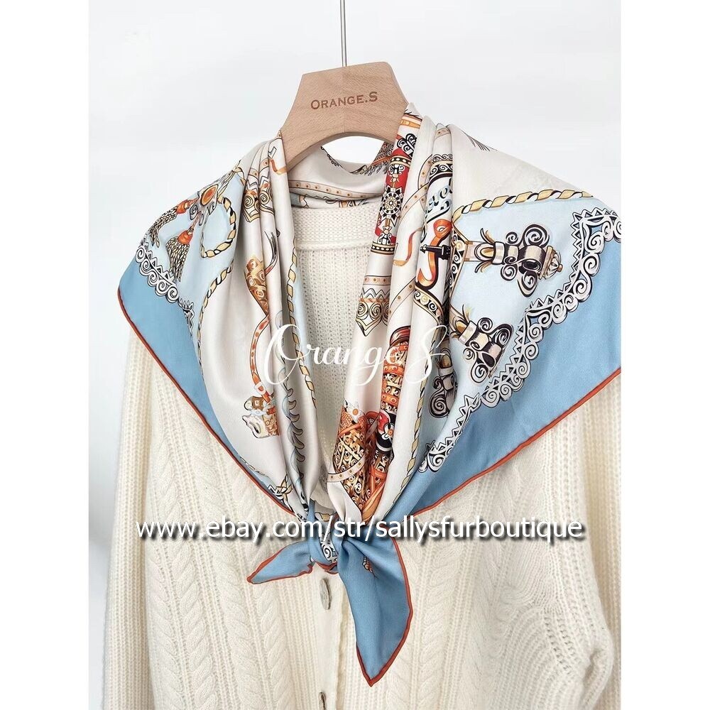 Sally Twill Silk 18 Momme Wrap Scarf Carriage Print Double Face Square Shawl 35"