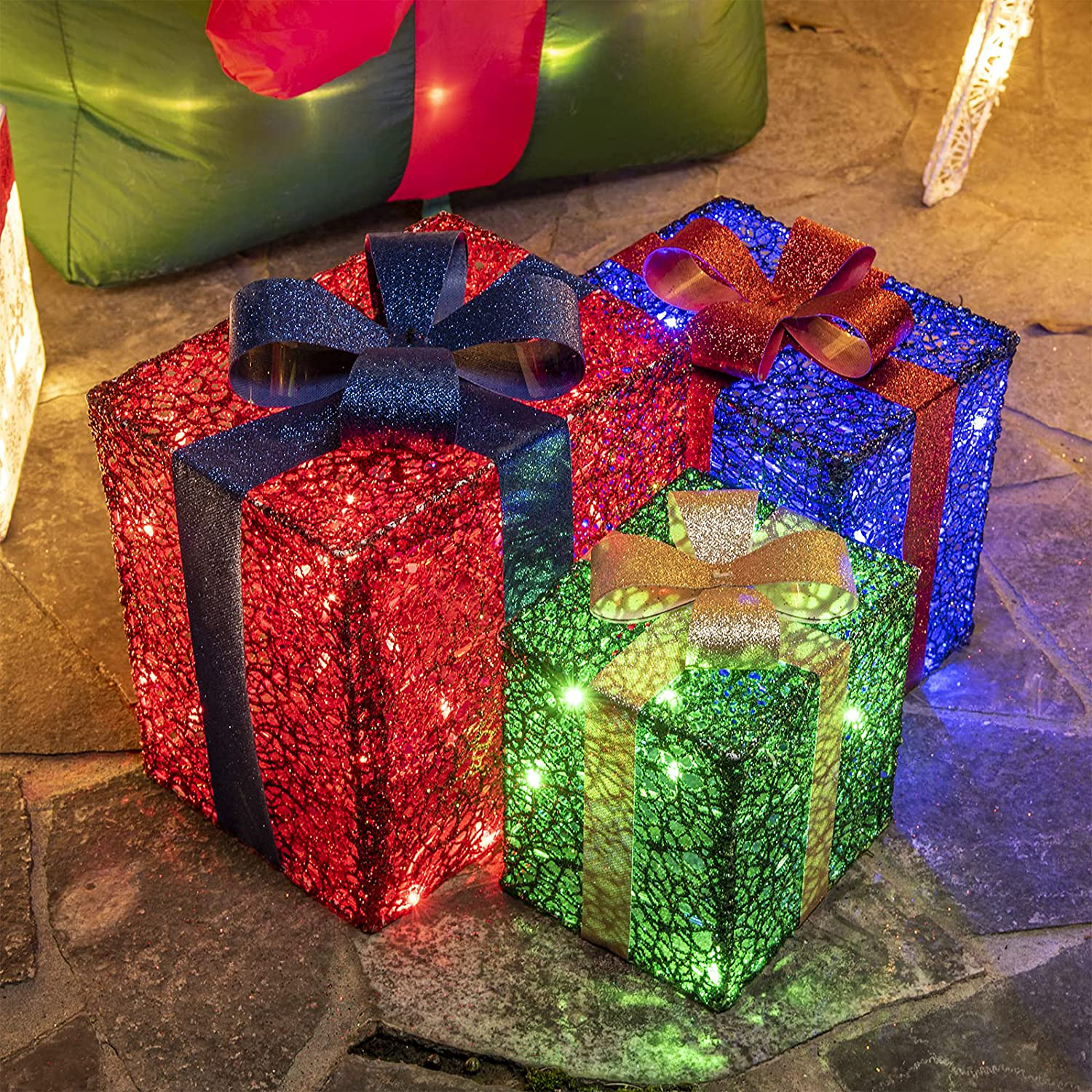 Set of 3 Christmas Lighted Gift Boxes 48 LED Light-Up Indoor Out