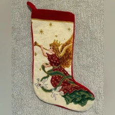 17" Needlepoint Christmas Stocking Angel and Trumpet vintage