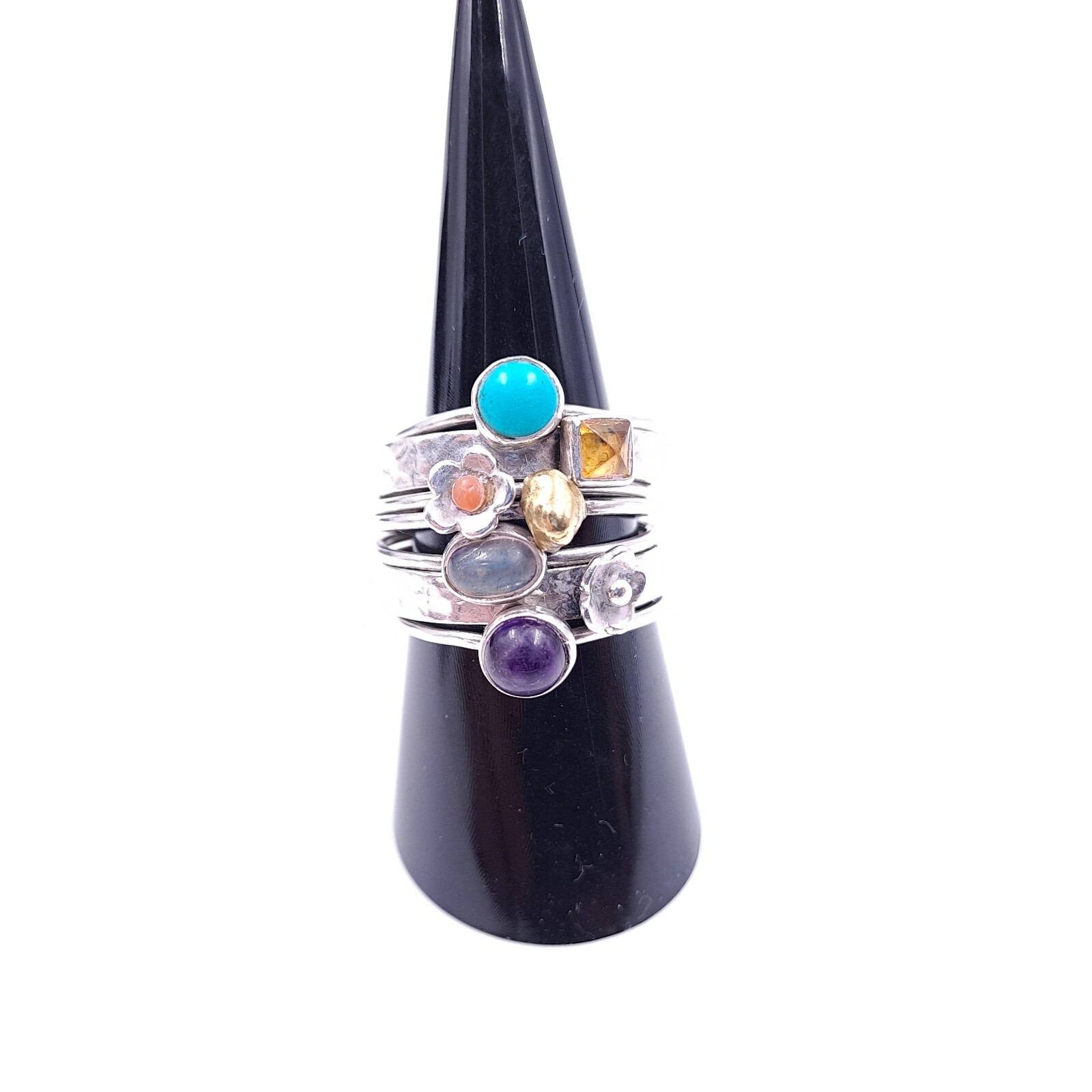 Sterling Silver 7 Ring Stack Various Gems Amethys… - image 2