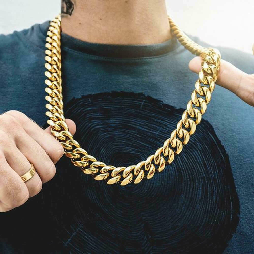Mens Miami Cuban link Chain 10mm 12mm 14mm 14k gold plated stainless