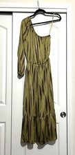 NWT Michael Kors One Shoulder Green Dress With Feathers Pattern, Size XS