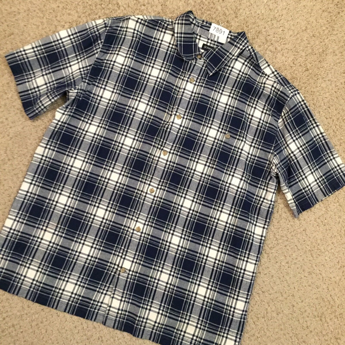 St Johns Bay Shirt Mens XLT Blue Plaid Short Sleeve Button