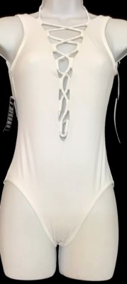 CARLA カーラ Lace body suit ホワイト サイズ2 (M) Karla Colletto One Piece Swimsuit White Plunge Lace Up Front