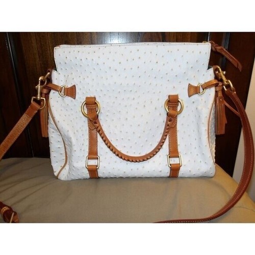 Dooney & Bourke White Ostrich Embossed Leather Satchel, Tan Trim & Gold Hardware - Picture 3 of 6
