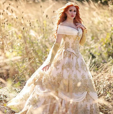 Gothic White Gold Wedding Dresses Off-Shoulder Lace-up Corset A Line Bridal Gown