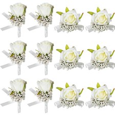 12 Pcs Wedding White Corsage and Boutonniere Set for Bride, Bridesmaid, Inclu...