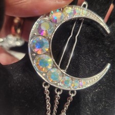 Celestial Silver Crescent Moon Hair Clip Iridescent Rhinestones Star Chain Drop