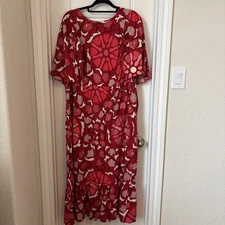 RHODE x Target Linen Midi Dress 18 Zinnia Floral Print Bell Sleeve Red Pink