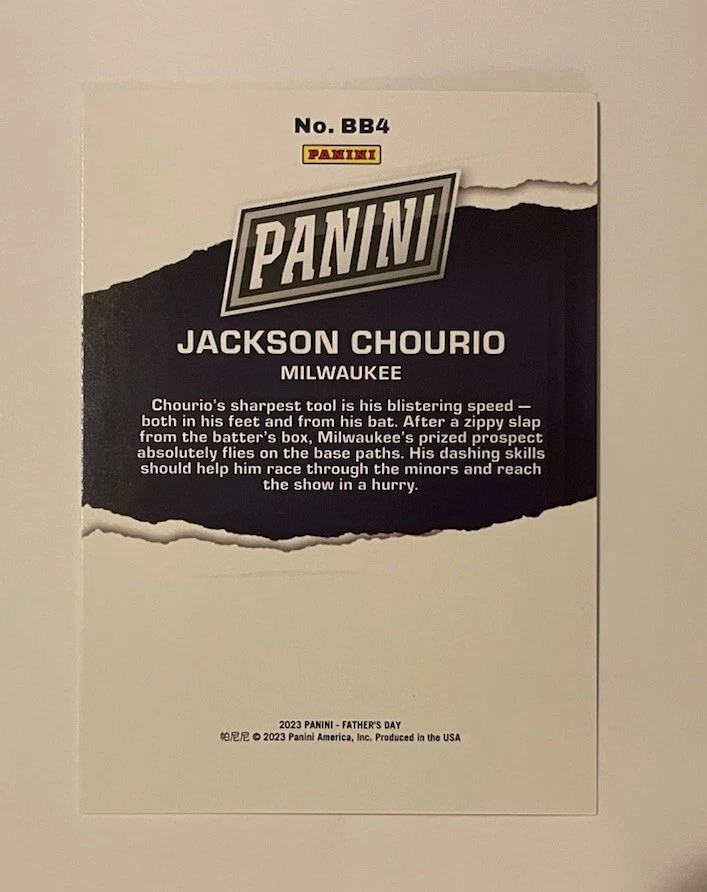 2023 Panini Father's Day Jackson Chourio RC Gold /10 (RC) Brewers Rookie #BB4 - Image 2 of 3