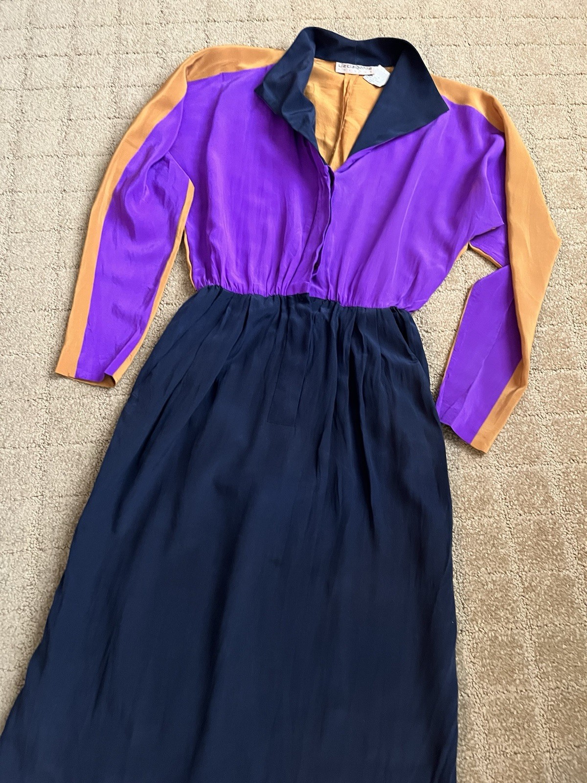 Vintage Liz Claiborne 100% Silk Button Front  Purple, Gold, Black Dress Sz4