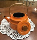 Vintage Orange Enamel Teapot Tea Kettle MCM Teak Wood Handle   Fun and funky! — photo 10